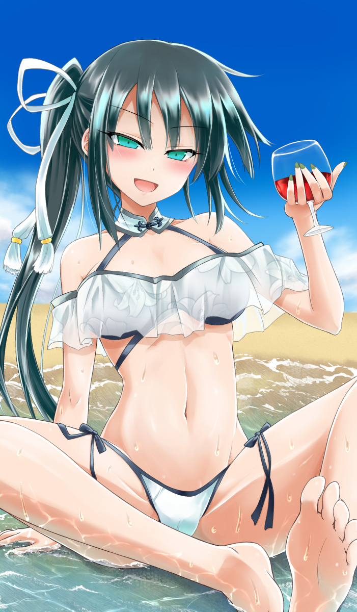 1girl :d bangs bare_shoulders beach bikini black_bikini_top blue_sky blush breasts clouds collarbone commentary_request cup cupping_glass day drink drinking_glass eyebrows_visible_through_hair fate/grand_order fate_(series) fingernails green_eyes green_hair green_nails hair_between_eyes hand_up highres jing_ke_(fate/grand_order) long_hair medium_breasts nail_polish navel open_mouth outdoors sand shallow_water side-tie_bikini side_ponytail sidelocks sitting sky smile solo swimsuit ugatsu_matsuki very_long_hair water wet white_bikini_top wine_glass