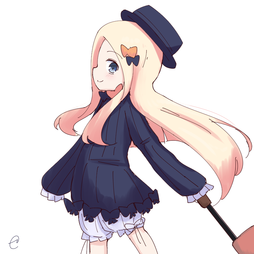 1girl abigail_williams_(fate/grand_order) bangs black_bow black_dress black_hat blonde_hair bloomers blue_eyes blush bow bug butterfly closed_mouth commentary_request cowboy_shot dress fate/grand_order fate_(series) hair_bow hat insect kujou_karasuma long_hair long_sleeves orange_bow parted_bangs profile signature simple_background sleeves_past_fingers sleeves_past_wrists smile solo underwear very_long_hair white_background white_bloomers