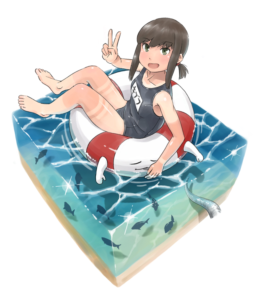 1girl black_hair blue_swimsuit commentary_request enemy_lifebuoy_(kantai_collection) fish flat_chest fubuki_(kantai_collection) green_eyes isometric kantai_collection karasu_(naoshow357) looking_at_viewer low_ponytail name_tag open_mouth ponytail school_swimsuit short_ponytail sidelocks simple_background solo swimsuit tan tanline tentacle v water white_background