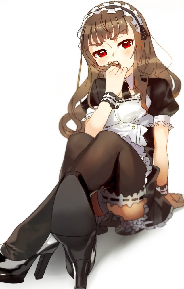 1girl alternate_costume arm_support bangs black_footwear black_legwear blunt_bangs brown_hair commentary covering_mouth enmaided frilled_skirt frilled_sleeves frills hair_down hairband hand_over_own_mouth high_heels holding holding_hair idolmaster idolmaster_cinderella_girls kamiya_nao legs_crossed lolita_hairband looking_away maid puffy_sleeves red_eyes rn_p short_sleeves simple_background sitting skirt solo thick_eyebrows white_background wrist_cuffs