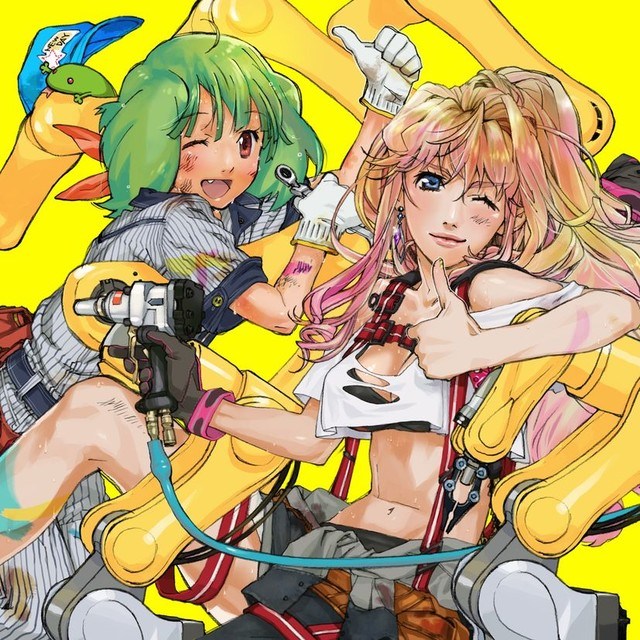 2girls baseball_cap blonde_hair blue_eyes breasts costume earrings fang green_hair hat jewelry jumpsuit legs lipstick long_hair machinery macross macross_frontier makeup medium_breasts midriff mita_chisato multicolored_hair multiple_girls nail_gun navel official_art one_eye_closed open_mouth pink_lipstick ranka_lee red_eyes ribbon sheryl_nome suspenders thumbs_up torn_clothes two-tone_hair wrench