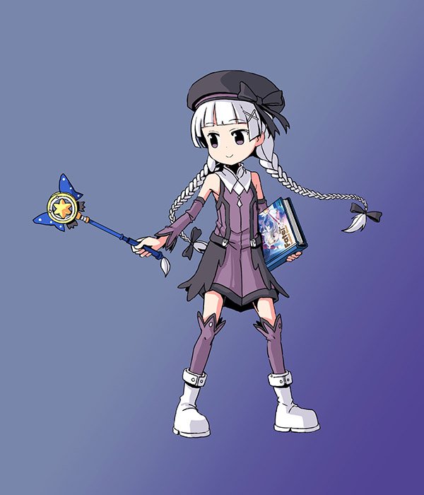 adrian_ferrer bangs bare_shoulders beret blunt_bangs book bow braid detached_sleeves dress fate/grand_order fate_(series) full_body gradient gradient_background hair_bow hair_ornament hat hat_ribbon kneehighs long_hair nursery_rhyme_(fate/extra) purple_dress ribbon smile twin_braids wand white_footwear x_hair_ornament