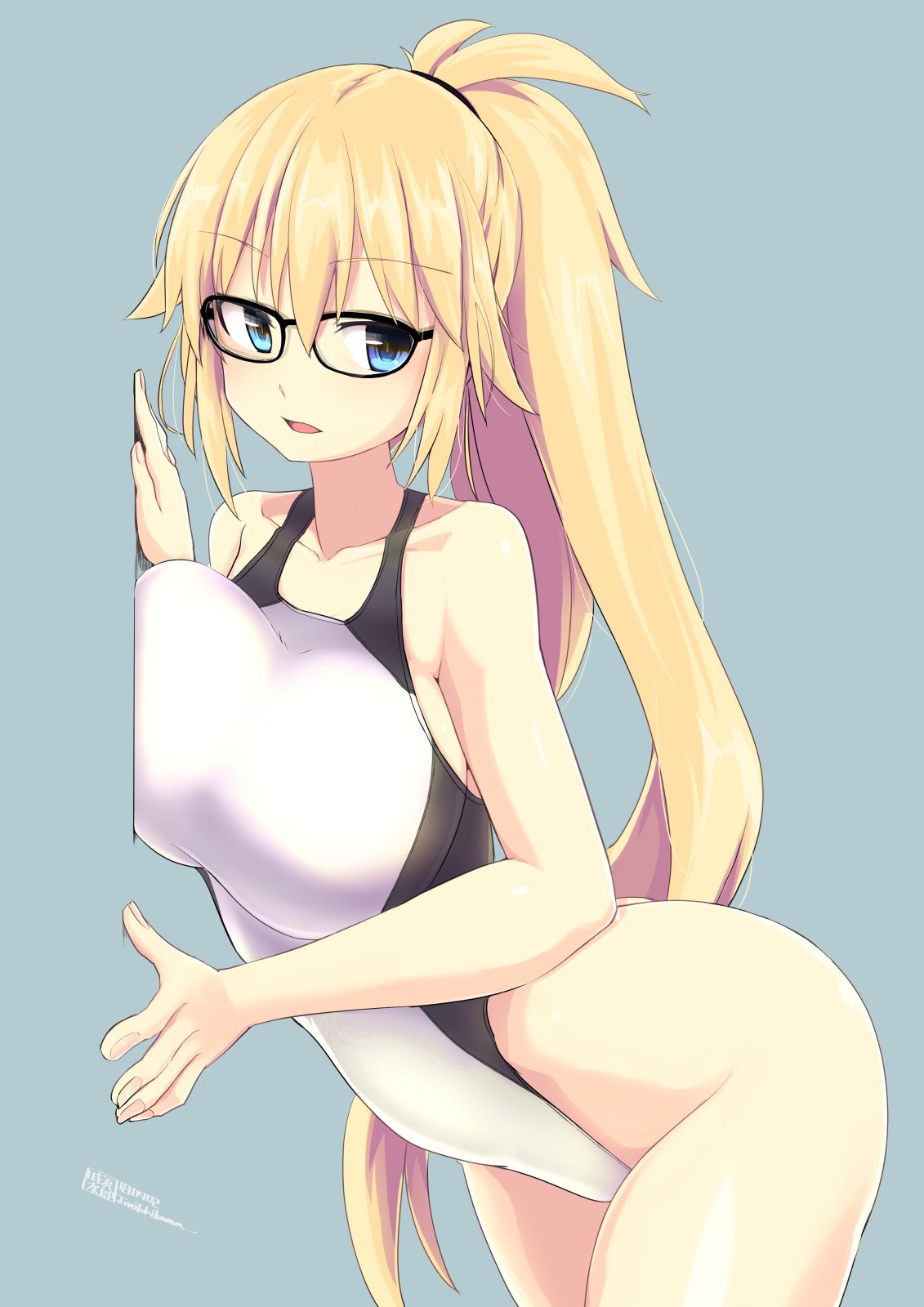 against_wall artist_name bare_shoulders blonde_hair blue_background blue_eyes breast_press breasts commentary cowboy_shot fate/grand_order fate_(series) glasses hands_on_wall highres hips invisible_wall jeanne_d'arc_(fate)_(all) jeanne_d'arc_(swimsuit_archer) large_breasts leaning leaning_to_the_side long_hair one-piece_swimsuit ponytail simple_background swimsuit thighs tokihama_jirou wall white_swimsuit