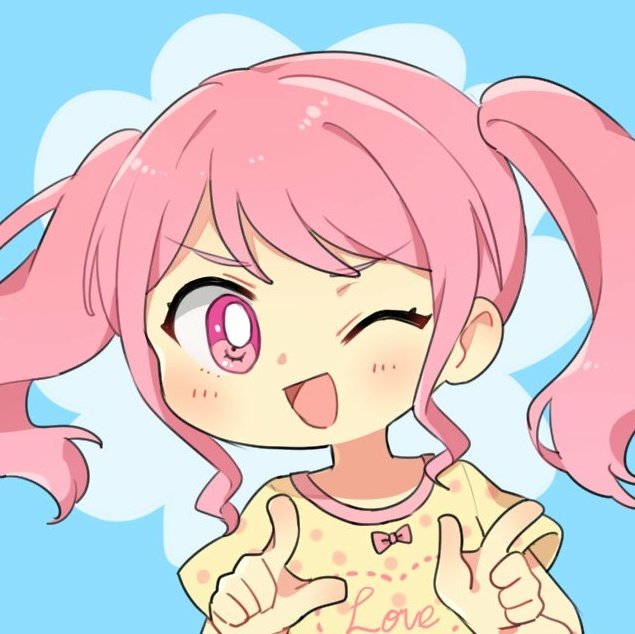 1girl ;d bang_dream! bangs bd_ayknn blue_background bow clothes_writing finger_gun maruyama_aya one_eye_closed open_mouth pink_bow pink_eyes pink_hair pointing polka_dot polka_dot_shirt shirt short_sleeves sidelocks smile solo twintails upper_body v-shaped_eyebrows yellow_shirt