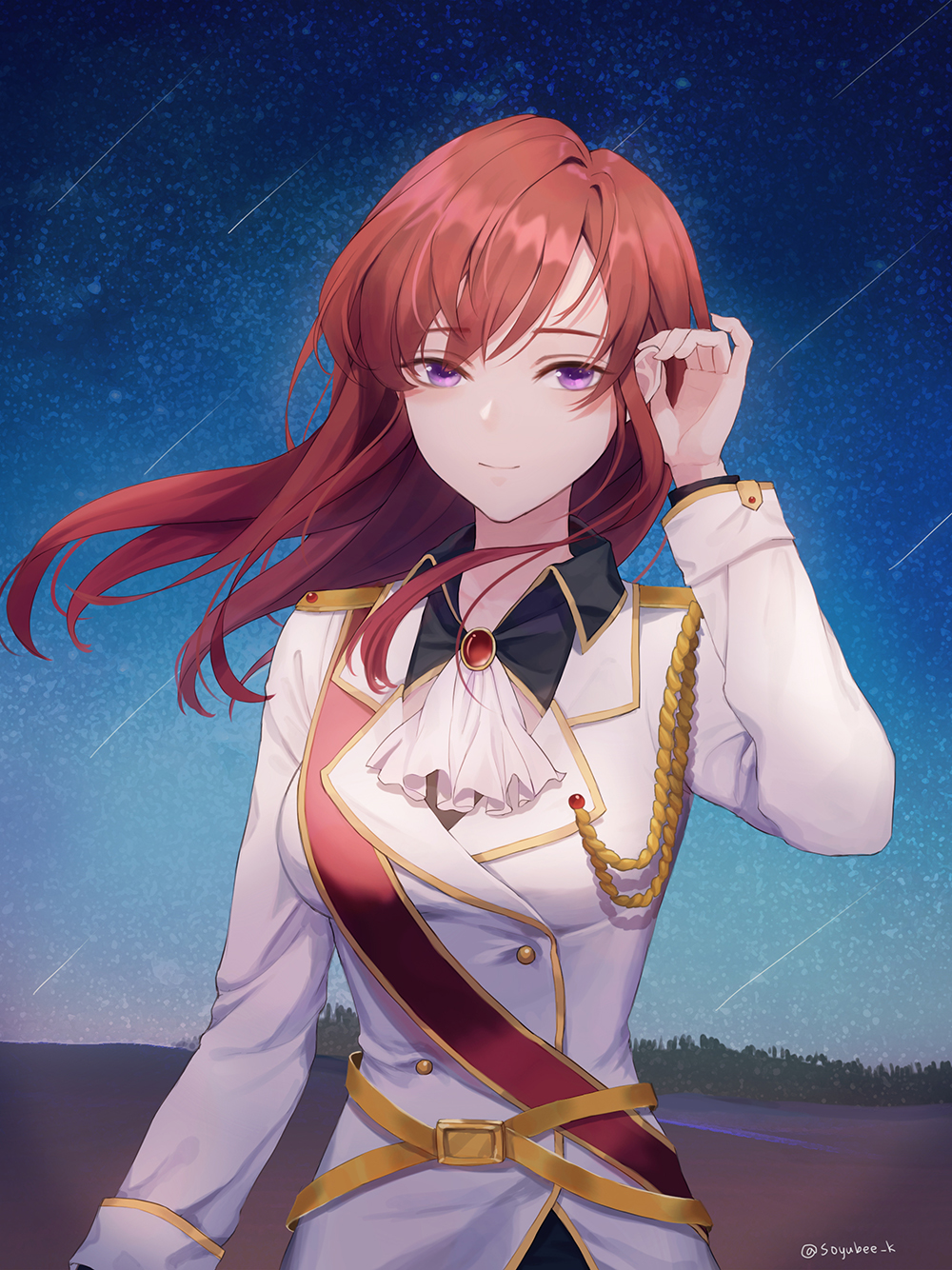 1girl aiguillette bangs belt belt_buckle brooch buckle buttons closed_mouth commission cravat double-breasted epaulettes forest hand_on_ear highres jewelry long_hair long_sleeves looking_at_viewer meteor_shower military military_uniform nature night night_sky original redhead sash sky solo soyubee standing touching_ears uniform upper_body violet_eyes white_coat