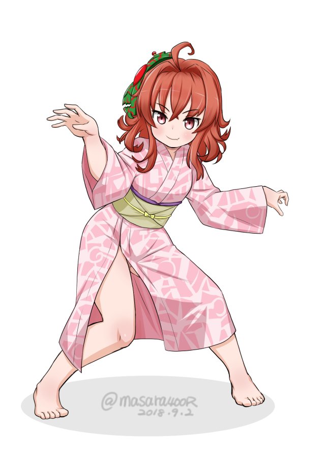 1girl ahoge arashi_(kantai_collection) barefoot commentary_request dated flower full_body hair_flower hair_ornament japanese_clothes kamen_rider kamen_rider_amazon kamen_rider_amazon_(series) kantai_collection kimono looking_at_viewer masara_(masalucky2010) mask messy_hair pink_kimono pose print_kimono red_eyes redhead simple_background smile solo twitter_username white_background