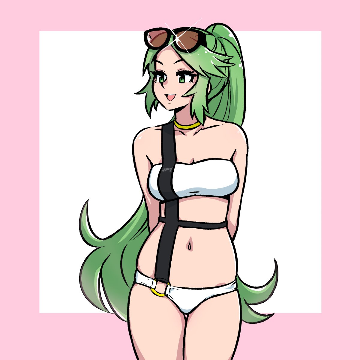 1girl akairiot bare_shoulders bikini breasts green_eyes green_hair highres jewelry kid_icarus kid_icarus_uprising long_hair navel nintendo palutena ponytail smile solo super_smash_bros. super_smash_bros_ultimate swimsuit very_long_hair