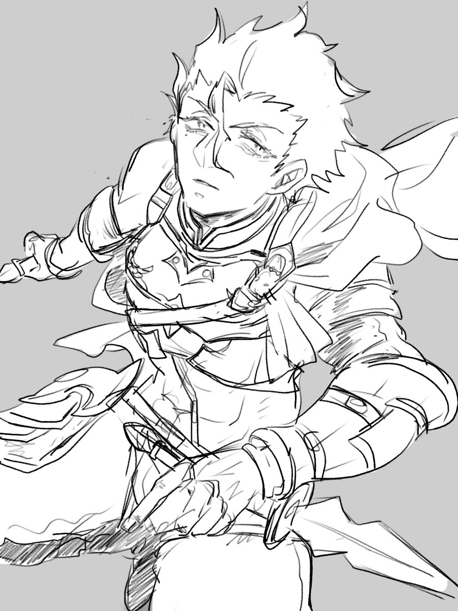 1boy abs cape diarmuid_ua_duibhne_(fate/grand_order) dual_wielding fate/grand_order fate_(series) gauntlets grey_background greyscale hair_between_eyes highres holding lancer_(fate/zero) male_focus midriff mole mole_under_eye monochrome parted_lips simple_background squatting sword toned toned_male weapon