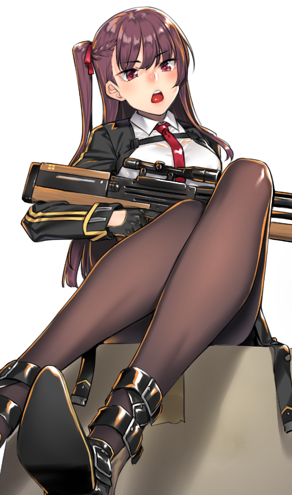 1girl bangs black_footwear black_gloves black_legwear black_skirt blazer bullpup commentary_request eyebrows_visible_through_hair framed_breasts from_below girls_frontline gloves gun h_kasei hair_ribbon half_updo high-waist_skirt holding holding_weapon jacket lips long_hair looking_at_viewer necktie one_side_up pantyhose pink_lips purple_hair red_eyes red_neckwear red_ribbon ribbon rifle shiny shiny_clothes shiny_hair shoes simple_background sitting skirt sniper_rifle solo thighband_pantyhose tsurime wa2000_(girls_frontline) walther walther_wa_2000 weapon white_background