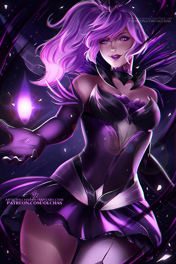 1girl bare_shoulders breasts dark_background dark_elementalist_lux dress elbow_gloves elementalist_lux evil_smile gloves league_of_legends luxanna_crownguard magic medium_breasts miniskirt olga_solovian patreon purple_dress purple_hair purple_lips skirt smile strapless strapless_dress tagme thighs violet_eyes watermark