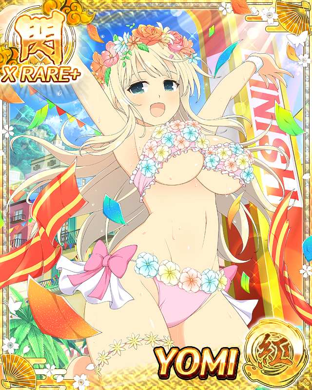 1girl bangs bikini blonde_hair blue_eyes blue_sky breasts building card_(medium) character_name day flower flower_bikini flower_wreath hair_ornament hairclip hand_up head_wreath jumping large_breasts long_hair looking_at_viewer official_art open_mouth outdoors senran_kagura senran_kagura_new_wave sky solo swimsuit yaegashi_nan yomi_(senran_kagura)