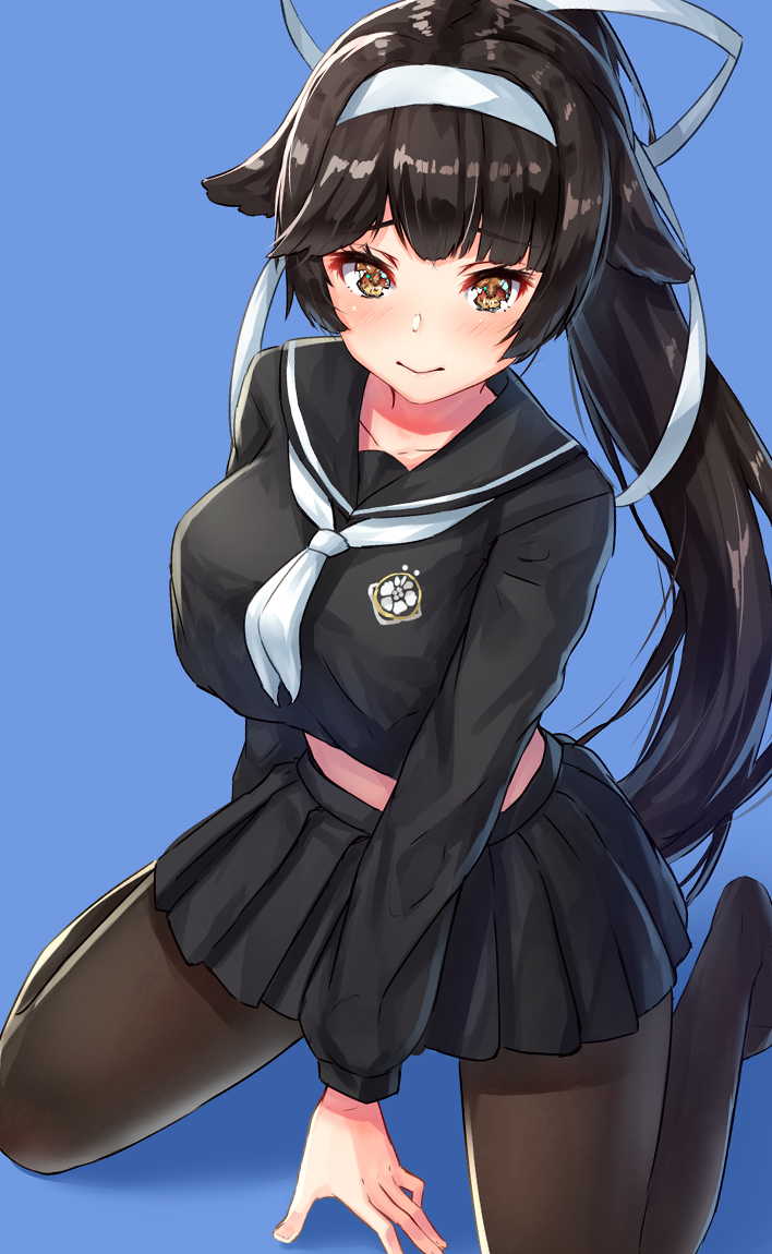 1girl animal_ears arm_at_side arm_support azur_lane bangs black_hair black_legwear blue_background blunt_bangs blush brown_eyes fake_animal_ears full_body hair_ribbon hairband kneeling long_hair long_sleeves looking_at_viewer miniskirt neckerchief no_shoes pantyhose pensuke pleated_skirt ponytail ribbon sailor_collar school_uniform serafuku simple_background skirt smile solo standing takao_(azur_lane) uniform very_long_hair