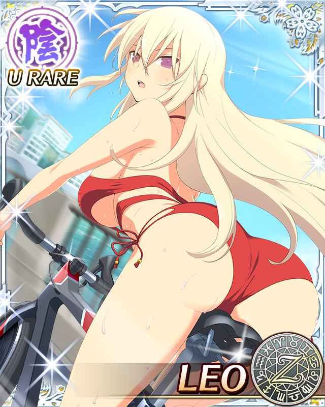 1girl bicycle bikini blonde_hair breasts building card_(medium) character_name day ground_vehicle large_breasts leo_(senran_kagura) long_hair looking_at_viewer official_art open_mouth outdoors red_bikini riding senran_kagura senran_kagura_new_wave sky solo sweat swimsuit very_long_hair violet_eyes yaegashi_nan