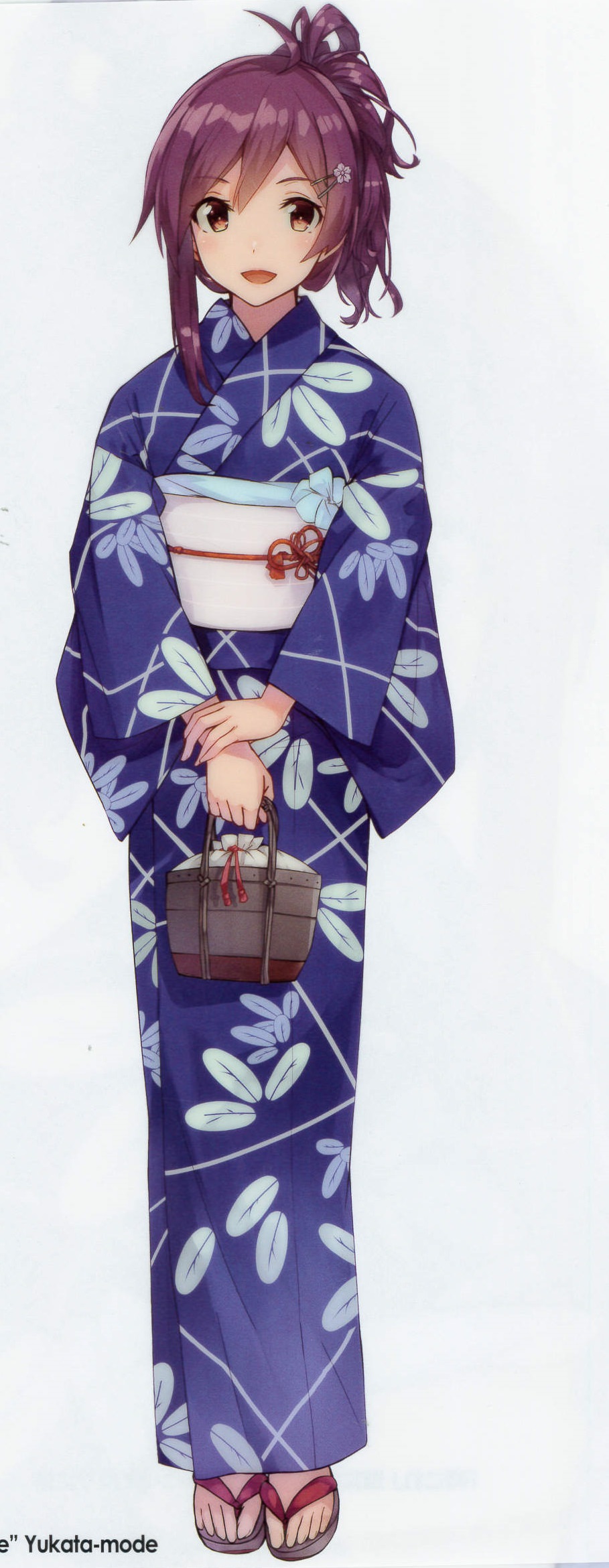 1girl ahoge bangs brown_eyes eyebrows_visible_through_hair full_body hagikaze_(kantai_collection) hair_ornament hairclip highres japanese_clothes kantai_collection kimono konishi_(koconatu) leaf_print long_hair looking_at_viewer obi official_art ponytail print_kimono purple_hair purple_kimono sash sidelocks sleeves_past_wrists smile solo tareme yukata