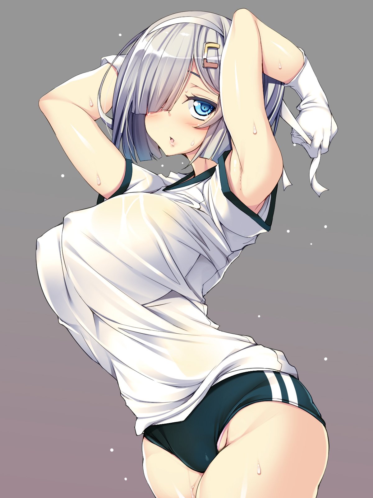 1girl blue_buruma blue_eyes blush breasts buruma cowboy_shot gloves gym_uniform hair_ornament hair_over_one_eye hairclip hamakaze_(kantai_collection) headband highres jacket kantai_collection large_breasts looking_at_viewer open_mouth shirt short_hair short_sleeves silver_hair solo thighs torisan track_jacket white_gloves white_shirt