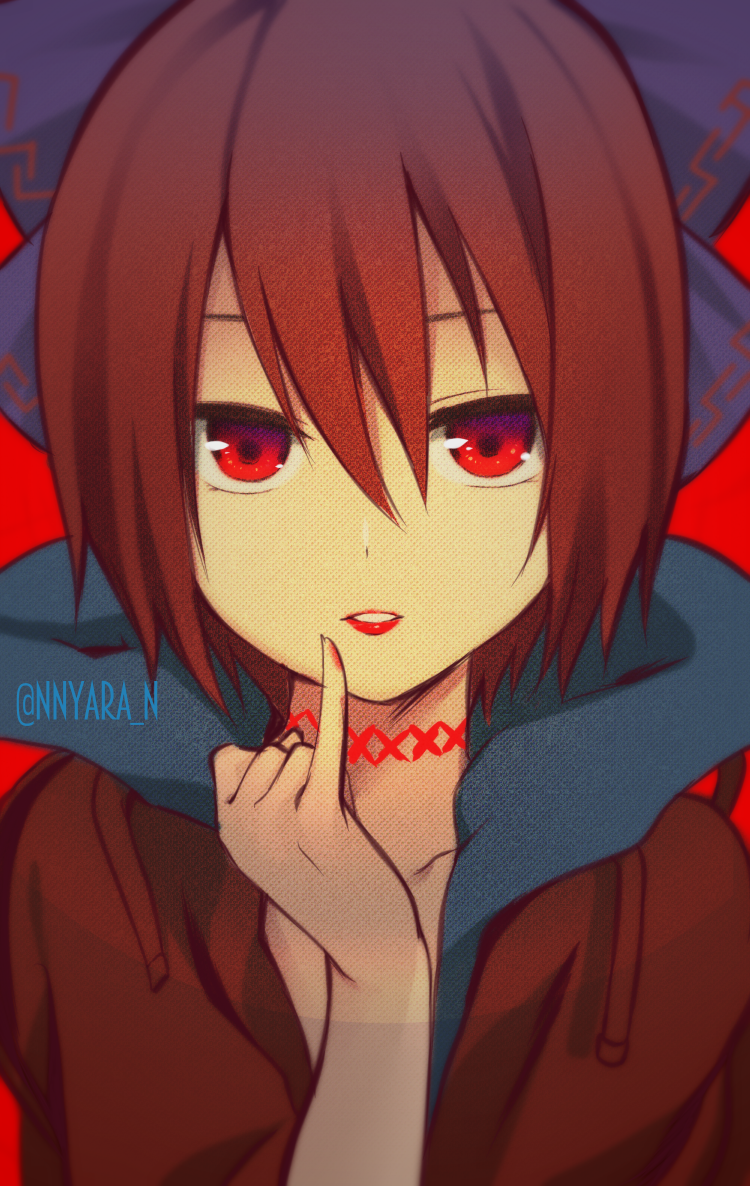 1girl artist_name bangs blue_bow bow collarbone commentary_request drawstring finger_to_mouth hair_between_eyes hair_bow hand_up high_collar jacket lips lipstick looking_at_viewer makeup nnyara parted_lips pinky_out red_background red_eyes red_jacket red_lips red_lipstick redhead sekibanki short_hair simple_background solo touhou twitter_username upper_body