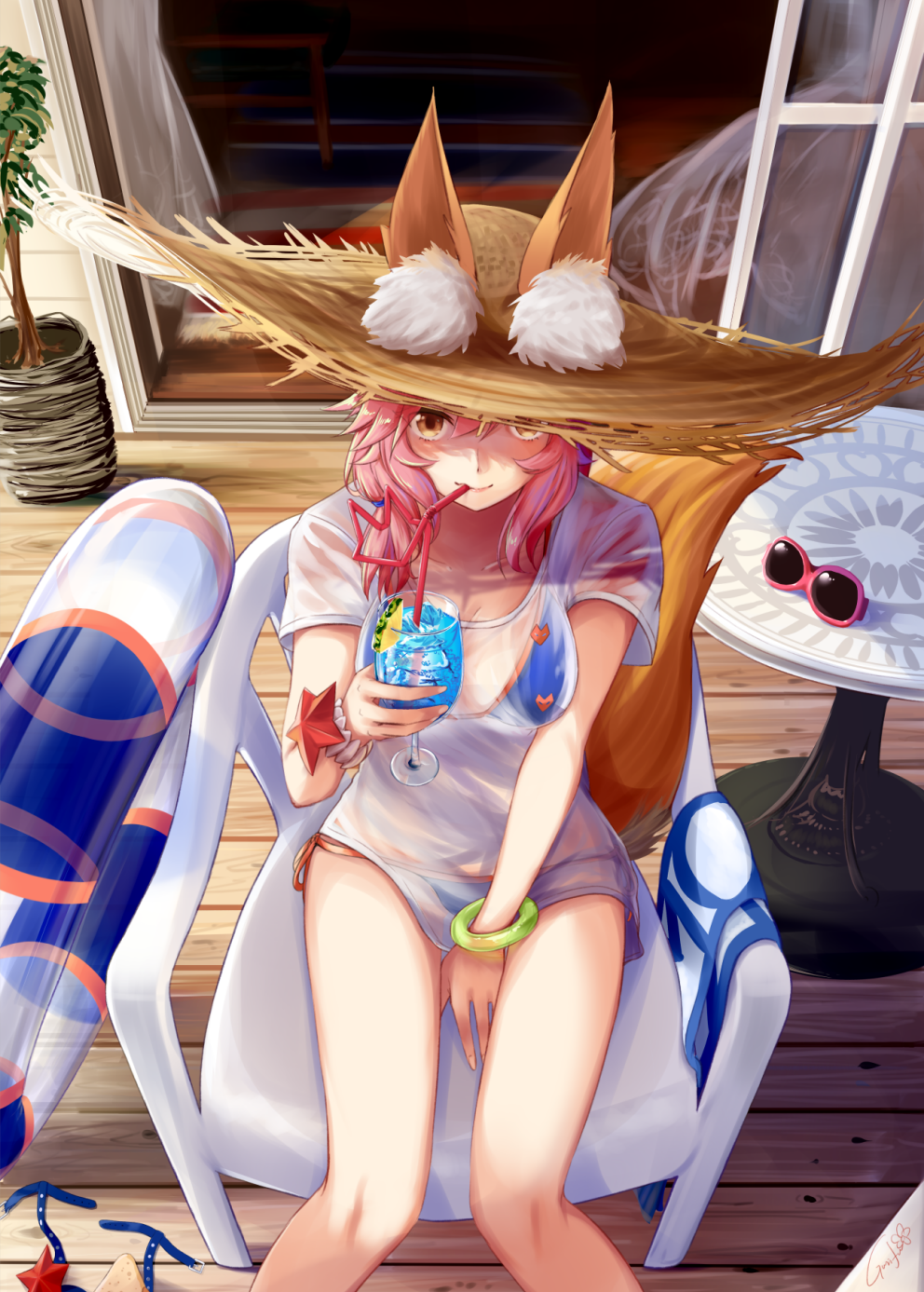 1girl animal_ear_fluff animal_ears bikini bikini_under_clothes blue_bikini breasts cleavage collarbone day drink ears_through_headwear fate/grand_order fate_(series) fox_ears fox_tail gurifu hat highres innertube large_breasts looking_at_viewer looking_up outdoors pink_hair shirt side-tie_bikini solo straw_hat sunglasses swimsuit tail tamamo_(fate)_(all) tamamo_no_mae_(swimsuit_lancer)_(fate) wet wet_clothes wet_shirt wet_t-shirt yellow_eyes