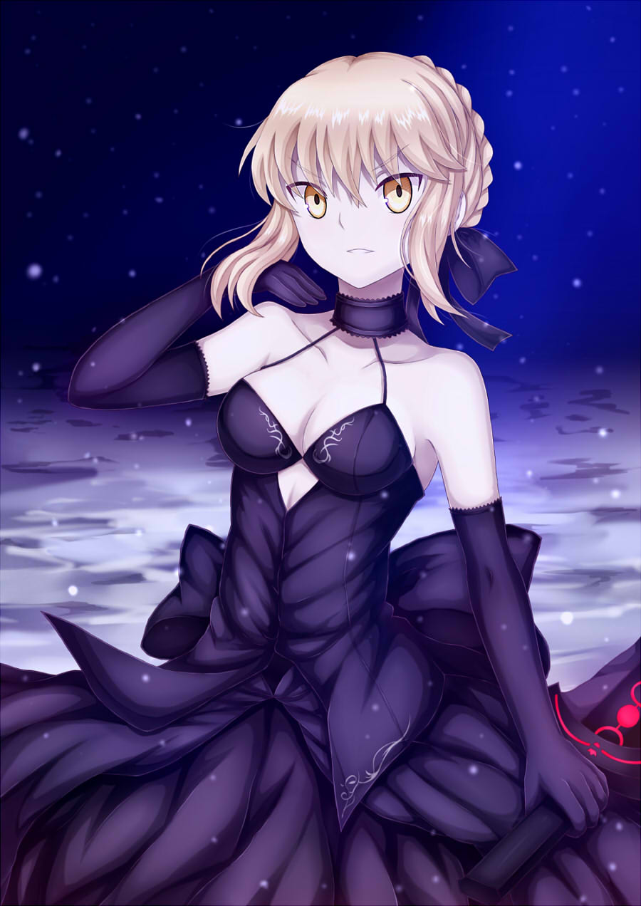 1girl artoria_pendragon_(all) black_dress black_gloves black_ribbon blonde_hair braid breasts choker cleavage collarbone crown_braid dark_excalibur dress elbow_gloves eyebrows_visible_through_hair fate/stay_night fate_(series) gloves hair_between_eyes hair_ribbon hand_in_hair highres holding holding_sword holding_weapon looking_at_viewer medium_breasts outdoors ribbon saber_alter shiny shiny_hair sidelocks sleeveless sleeveless_dress snowing soda_(sodachuxd) solo sword weapon yellow_eyes