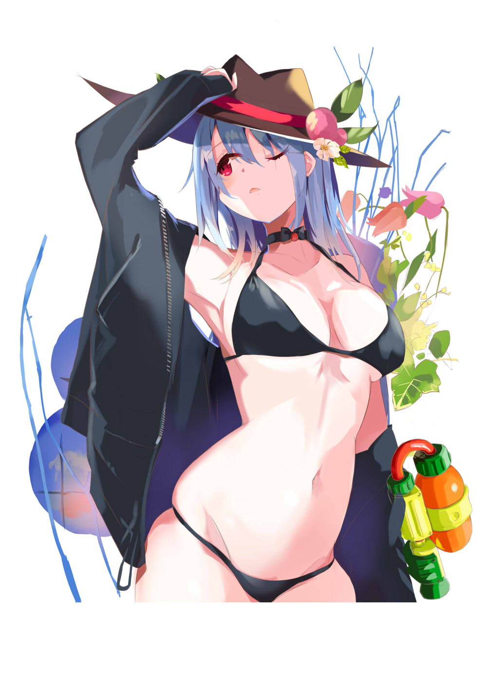 1girl arm_up armpits bangs bare_shoulders bikini black_bikini black_choker black_jacket blue_hair breasts brown_hat choker collarbone commentary_request cowboy_shot error eyebrows_visible_through_hair fedora flower food fruit groin hair_between_eyes halterneck hat highres hinanawi_tenshi jacket leaf long_hair long_sleeves looking_up medium_breasts navel off_shoulder one_eye_closed open_clothes open_jacket parted_lips peach pink_flower red_eyes red_flower revision simple_background skindentation solo standing stomach swimsuit tetsurou_(fe+) thighs touhou tulip white_background