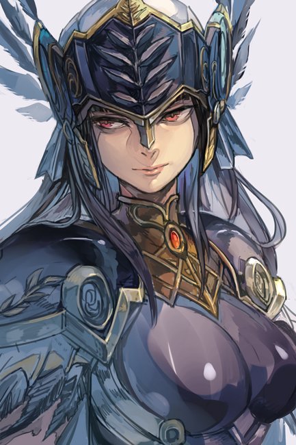 1girl black_hair expressionless feathers grey_background hankuri helmet hrist_valkyrie long_hair looking_to_the_side red_eyes shoulder_pads valkyrie_profile