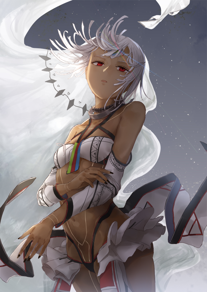 1girl altera_(fate) bandeau bangs bare_shoulders black_nails black_panties breasts collarbone cowboy_shot dark_skin detached_sleeves fate/extella fate/extra fate_(series) floating_hair full_body_tattoo grey_background grey_hair half-closed_eyes halter_top halterneck head_tilt kachi leg_tattoo legs_together light_rays looking_at_viewer nail_polish navel panties parted_lips print_sleeves red_eyes short_hair showgirl_skirt skirt small_breasts solo standing stomach stomach_tattoo tattoo underwear weapon white_bandeau white_skirt wind