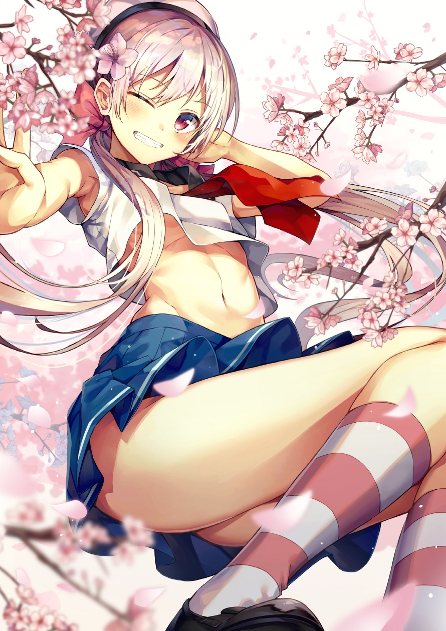 1girl armpits bangs black_footwear blue_skirt blurry branch breasts cherry_blossoms commentary crop_top day depth_of_field eyebrows_visible_through_hair flower grin highres huwali_(dnwls3010) kneehighs loafers midriff navel necktie no_panties one_eye_closed original pink_flower pink_hair pleated_skirt red_neckwear school_uniform serafuku shirt shoes skirt small_breasts smile solo stomach striped striped_legwear striped_shirt sunlight symbol_commentary tree v vertical-striped_shirt vertical_stripes violet_eyes white_legwear white_shirt