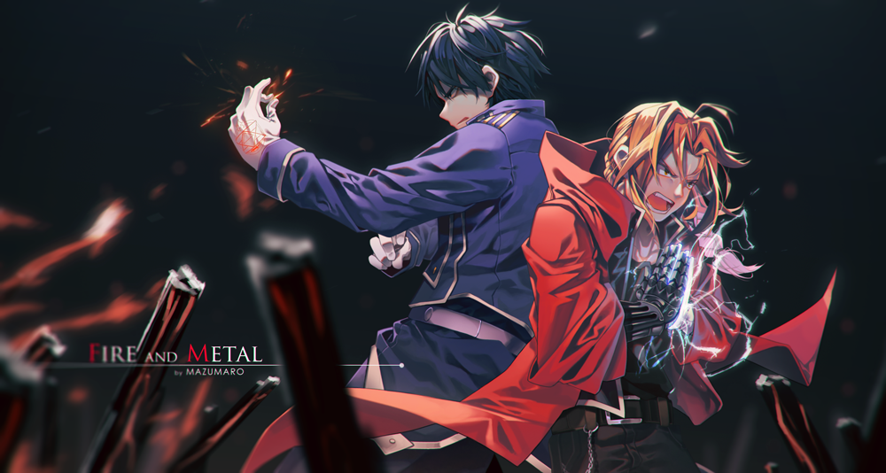 2boys amestris_military_uniform artist_name automail black_hair blonde_hair coat commentary edward_elric fullmetal_alchemist gloves male_focus mazumaro mechanical_arm military military_uniform multiple_boys ponytail prosthesis red_coat roy_mustang uniform white_gloves