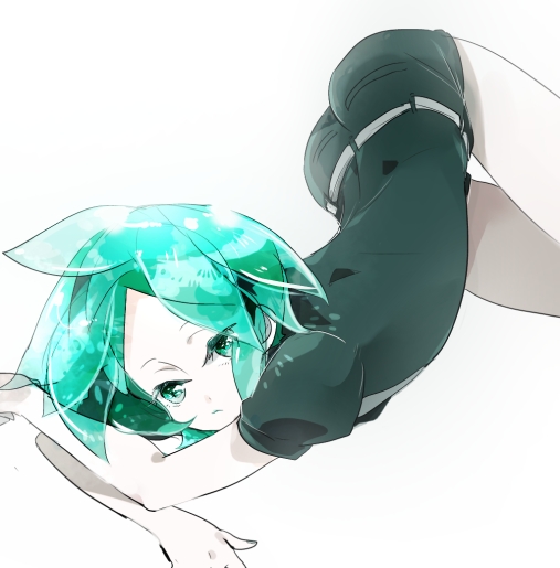 1other androgynous colored_eyelashes crystal_hair gem_uniform_(houseki_no_kuni) green_eyes green_hair houseki_no_kuni looking_at_viewer lying phosphophyllite short_hair shumiko_(kamenokoueki) solo white_background white_skin