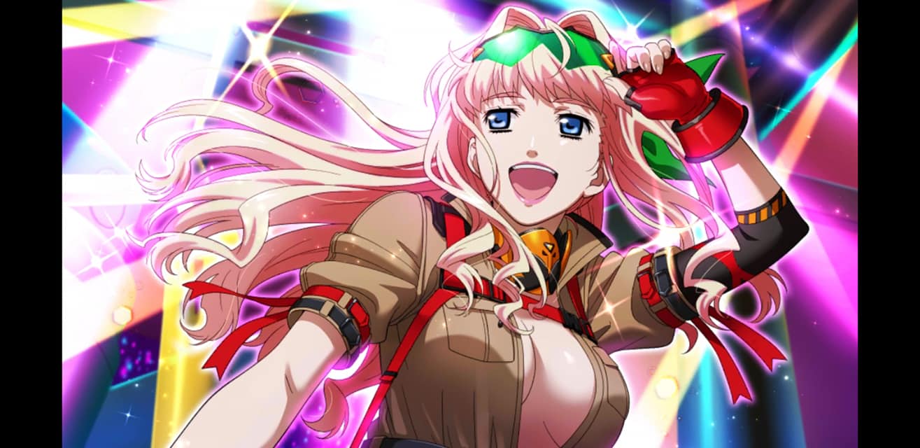 1girl ass blonde_hair blue_eyes body_straps bow breasts carabiner cleavage costume face_mask fingerless_gloves gloves hair_bow large_breasts lipstick long_hair macross macross_frontier makeup mask multicolored_hair official_art open_mouth pink_lipstick ponytail ribbon safety_glasses two-tone_hair unknown_artist