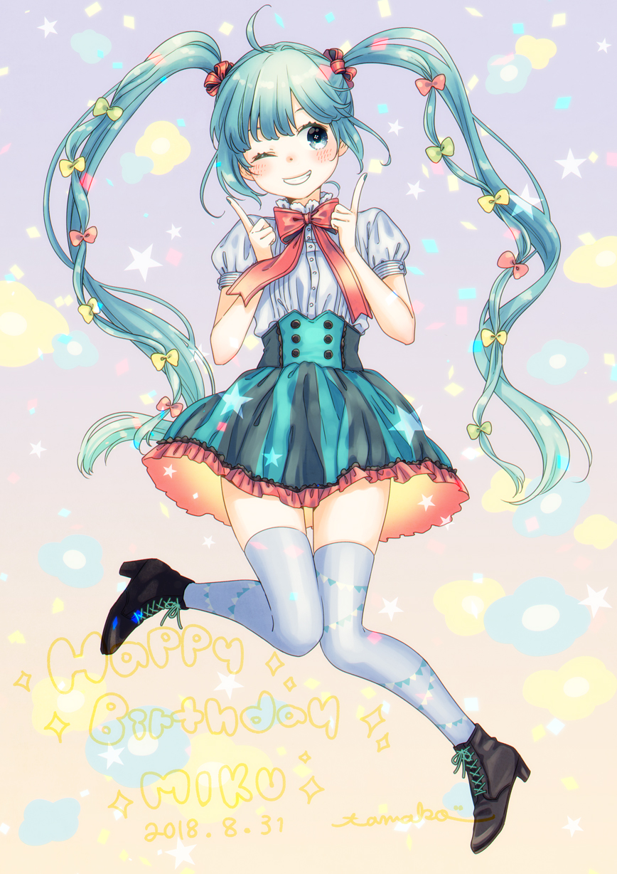 ;d ahoge ankle_boots aqua_hair bangs black_footwear blouse blue_eyes blue_nails blush boots bow bowtie bubble_skirt character_name commentary corset cross-laced_footwear double-breasted english_commentary frilled_skirt frills full_body gradient gradient_background grin hair_bow happy_birthday hatsune_miku head_tilt high_heel_boots high_heels highres index_finger_raised knees_together_feet_apart lace-up_boots long_hair mizutamako nail_polish one_eye_closed open_mouth pink_bow print_legwear puffy_nipples red_bow red_neckwear red_ribbon ribbon shirt shirt_tucked_in signature skirt smile star striped teeth thigh-highs triangle_print underbust vertical-striped_skirt vertical_stripes very_long_hair vocaloid white_bow white_shirt