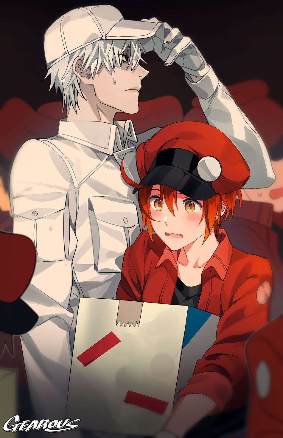 1boy 1girl adjusting_headwear ae-3803 ahoge artist_name baseball_cap black_eyes black_shirt blush box cabbie_hat carrying collared_shirt gearous gloves hat hataraku_saibou highres jacket long_sleeves no_pupils open_mouth orange_eyes pale_skin profile red_blood_cell_(hataraku_saibou) red_hat red_jacket redhead shirt short_hair signature spiky_hair sweatdrop u-1146 wavy_mouth white_blood_cell_(hataraku_saibou) white_gloves white_hair white_hat white_shirt