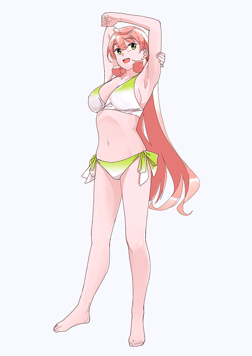 1girl akashi_(kantai_collection) armpits arms_up barefoot bikini breasts full_body gradient_bikini green_bikini green_eyes grey_background hair_ribbon kantai_collection large_breasts long_hair looking_at_viewer navel ojipon open_mouth pink_hair ribbon side-tie_bikini simple_background solo standing swimsuit tress_ribbon