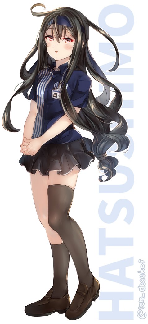 1girl asymmetrical_legwear black_footwear black_hair black_legwear black_skirt blue_shirt character_name commentary_request employee_uniform full_body hands_together hatsushimo_(kantai_collection) headband juurouta kantai_collection kneehighs lawson loafers long_hair low-tied_long_hair pleated_skirt red_eyes remodel_(kantai_collection) shirt shoes single_thighhigh skirt solo standing striped striped_shirt thigh-highs uniform