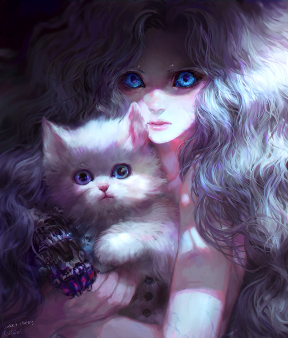 1girl animal artist_name blue_eyes cat closed_mouth commentary_request english fluffy fluffy_hair han_seung_hee holding holding_animal korean_commentary lips long_hair looking_at_viewer mechanical_leg mechanical_paw mixed-language_commentary original partial_commentary pink_lips serious shaded_face solo veins watermark wavy_hair white_cat