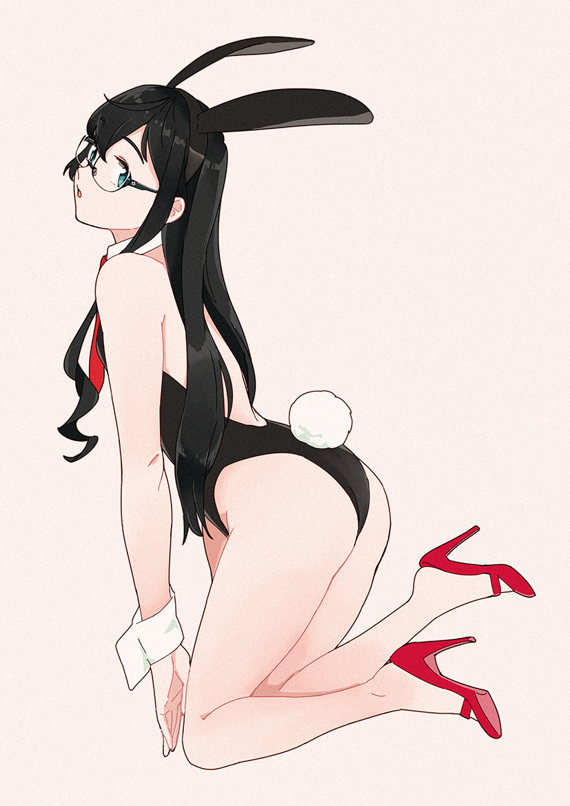 1girl animal_ears ass black_hair black_leotard blue_eyes breasts bunny_girl bunny_tail bunnysuit detached_collar full_body glasses kantai_collection leotard long_hair necktie ojipon ooyodo_(kantai_collection) open_toe_shoes pink_background rabbit_ears red_footwear red_neckwear semi-rimless_eyewear small_breasts solo strapless strapless_leotard tail under-rim_eyewear wrist_cuffs