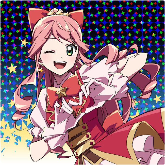 1girl ;d bow dress earrings gloves green_eyes hair_bow heart heart_hands hoshifuri_sosogu hoshiiro_girldrop idol jewelry kamikaze_douga looking_back multicolored multicolored_background one_eye_closed open_mouth pink_gloves pink_hair puffy_short_sleeves puffy_sleeves red_bow ringlets short_sleeves smile star star_earrings takeshobo yoko.u