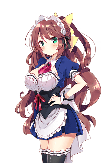 apron blush breasts brown_hair daibouken!_yukeyuke_osawari_island eyebrows_visible_through_hair green_eyes hair_between_eyes hair_ornament hair_ribbon kibi_imoka large_breasts long_hair maid maid_apron maid_dress maid_headdress meiko_asou necktie official_art pout ribbon shirt