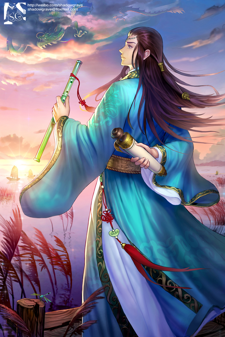 1boy arm_behind_back artist_name black_hair blue_robe boat bug clouds dock dragon dragonfly eastern_dragon facing_away flute full_body highres insect instrument long_hair male_focus original reeds robe scroll shadowgrave solo standing sunset tassel very_long_hair water watercraft watermark web_address wide_sleeves