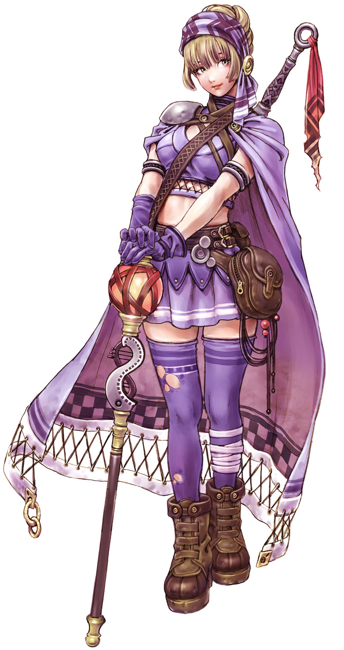 1girl armlet bad_id bandana bangs belt_pouch boots breasts brown_boots brown_footwear cape closed_mouth crop_top female full_body gloves hairband highres medium_breasts midriff original pouch purple_gloves purple_legwear purple_skirt purple_thighhighs simple_background skirt solo staff standing sword thigh-highs thighhighs torn_clothes torn_thighhighs two-tone_skirt weapon white_background yamashita_shun'ya yamashita_shunya zettai_ryouiki