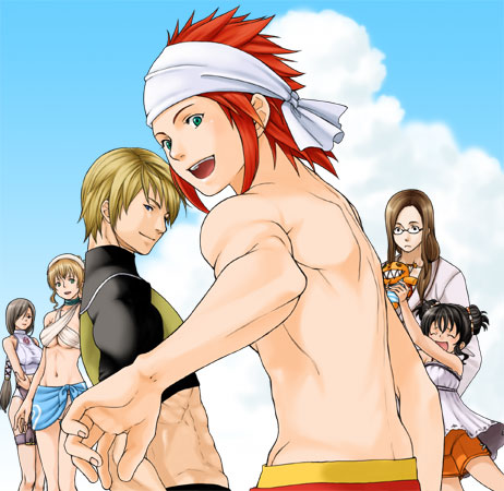 3girls alternate_costume anise_tatlin bikini blonde_hair brown_hair glasses green_eyes guy_cecil jade_curtiss long_hair lowres luke_fon_fabre miya_taira multiple_boys multiple_girls natalia_luzu_kimlasca_lanvaldear one-piece_swimsuit red_hair redhead smile swimsuit tales_of_(series) tales_of_the_abyss tear_grants twintails