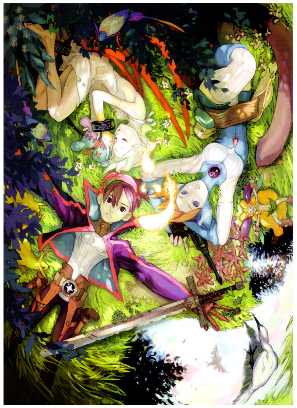 breath_of_fire breath_of_fire_v capcom grass highres lin lying nina nina_(breath_of_fire_v) nina_v official_art plant plants ryu_v ryuu_(breath_of_fire_v) sleeping sword weapon yoshikawa_tatsuya