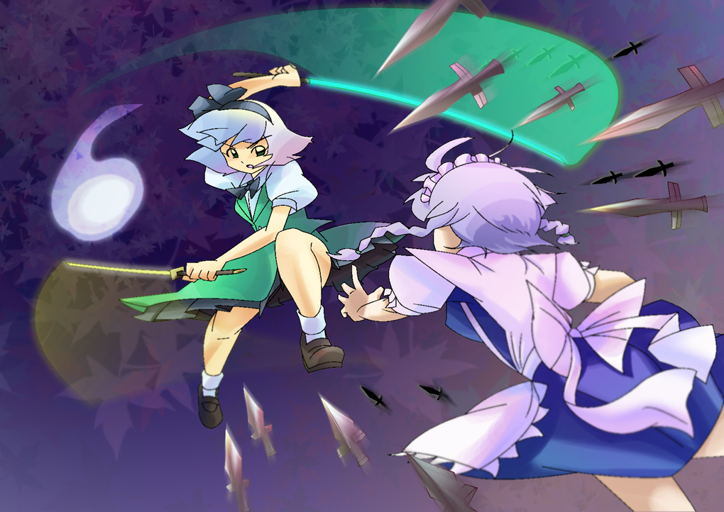 battle hitodama izayoi_sakuya knife konpaku_youmu konpaku_youmu_(ghost) multiple_girls myon shokkin touhou