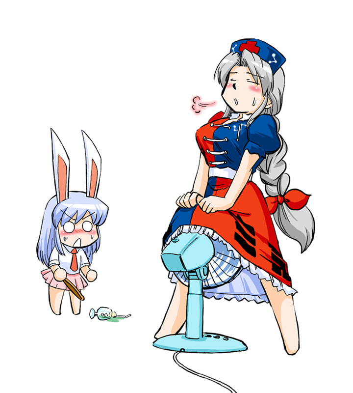 animal_ears azuki_osamitsu barefoot blush bunny_ears chibi electric_fan fan fanning_crotch fanning_self hot multiple_girls rabbit_ears reisen_udongein_inaba spill touhou white_hair yagokoro_eirin