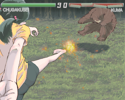 bear commentary fake_screenshot fighting_game foreshortening grizzly grizzly_bear hair_bobbles hair_ornament kick kicking lowres oekaki pigtails romaji short_twintails translated twintails ymr