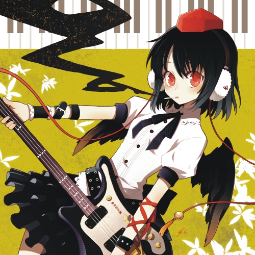 belt black_hair black_wings chiba_sadoru cigarette guitar hat headphones instrument lowres red_eyes sencha shameimaru_aya short_hair skirt smoke smoking touhou wings wrist_cuffs