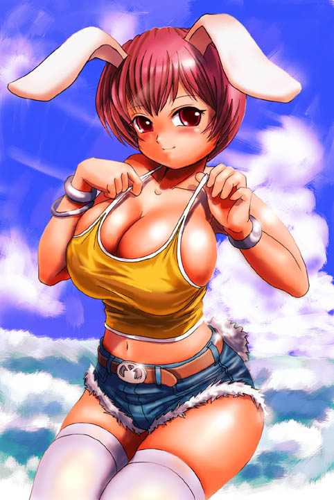 breasts bunny_ears bunny_tail camisole cleavage huge_breasts moriichi rabbit_ears red_eyes redhead short_hair shorts t-shirt tail thigh-highs thighhighs