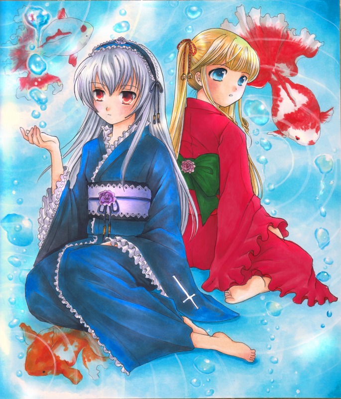 barefoot bell blonde_hair blue_eyes bow fish frills ginta_(pixiv) goldfish hairband japanese_clothes kimono long_hair multiple_girls red_eyes rozen_maiden shinku silver_hair sitting suigintou twintails water yukata