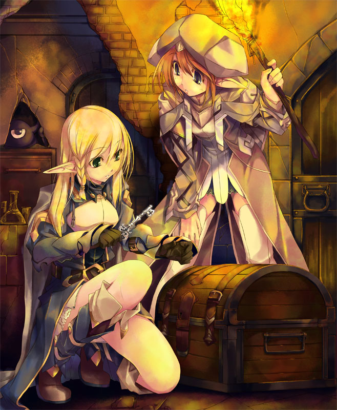 blonde_hair boots elf fantasy hat key kirishima_satoshi knee_boots kneeling long_hair multiple_girls original pointy_ears thigh-highs thigh_boots torch treasure_chest