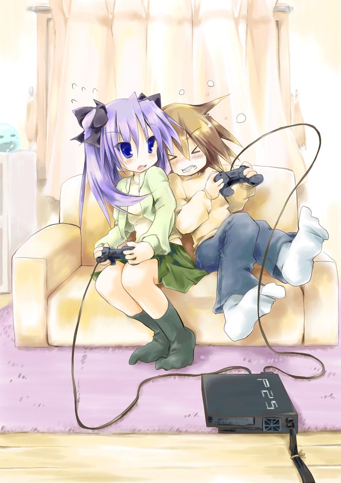 blue_eyes brown_hair controller couch game_controller gamepad hiiragi_kagami kusakabe_misao lucky_star playing_games playstation_2 purple_hair sakanaya_nakasa socks video_game video_games