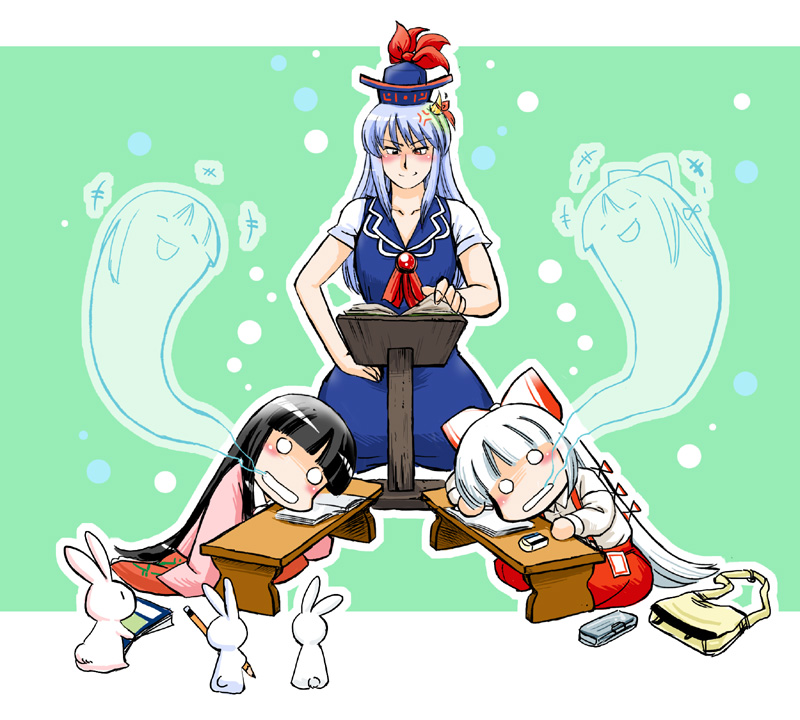 anger_vein azuki_osamitsu black_hair bow bunny chibi eraser fujiwara_no_mokou ghost giving_up_the_ghost hair_bow houraisan_kaguya kamishirasawa_keine open_mouth rabbit school shouzu_choukou smile tombow_mono touhou white_hair